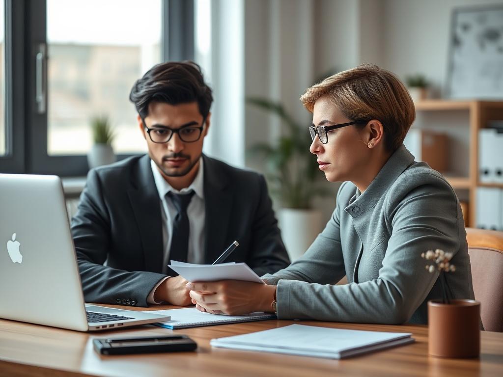 A focused individual sitting at a desk, engaged in a virtual interview on a laptop. They are dressed in business attire, with a notepad and pen in hand, ready to take notes. The environment is a modern home office, well-lit and organized, conveying a sense of professionalism and readiness. The primary color theme subtly incorporates rgb(50, 170, 39).