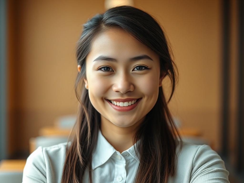 A close-up portrait of a confident young professional, smiling and looking directly at the camera. The background is softly blurred to emphasize the subject, with a warm and inviting atmosphere. The individual is dressed in business casual attire, exuding professionalism and approachability. The lighting is bright and natural, highlighting the individual’s features. The primary color theme subtly incorporates rgb(50, 170, 39).