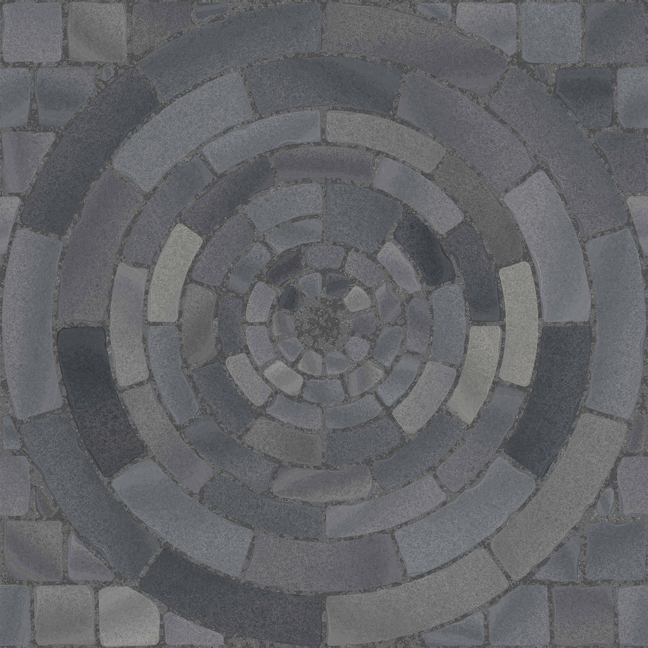 Close-up of a circular cobblestone pattern creating a geometric abstract design.