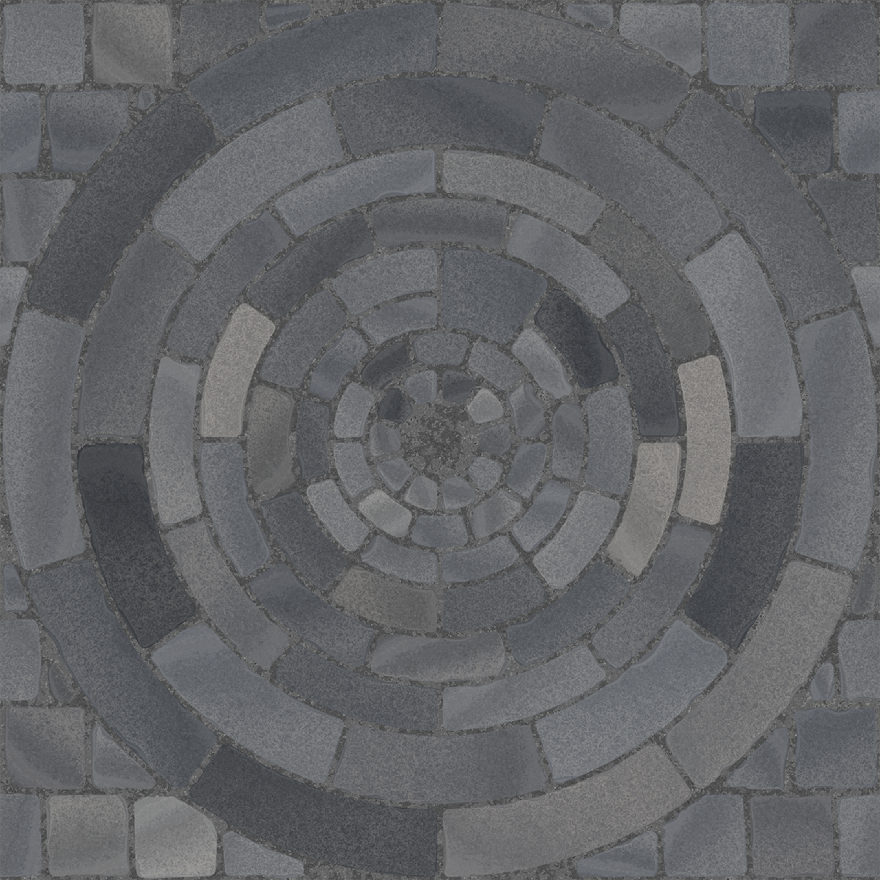 Close-up of a circular cobblestone pattern creating a geometric abstract design.