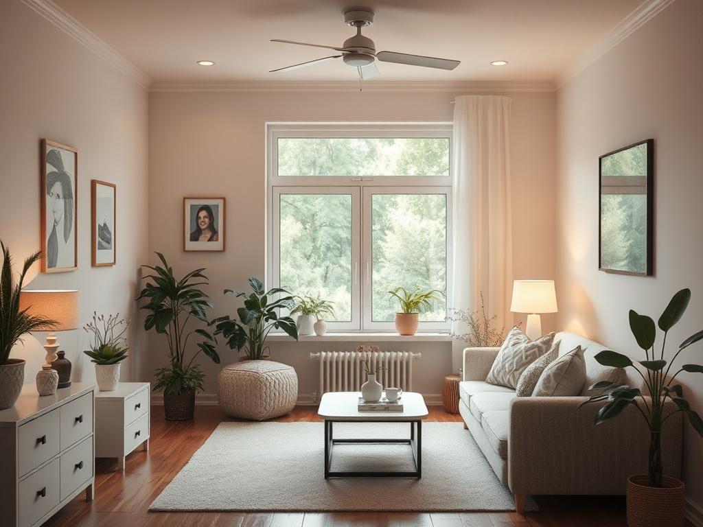 A serene and inviting recovery housing environment, depicting a cozy room with soft lighting, comfortable furnishings, and peaceful decor. The room should have a window showing a tranquil garden view, creating a sense of safety and warmth. Include personal touches like plants or art to emphasize a homey atmosphere, while maintaining a clean and structured look.