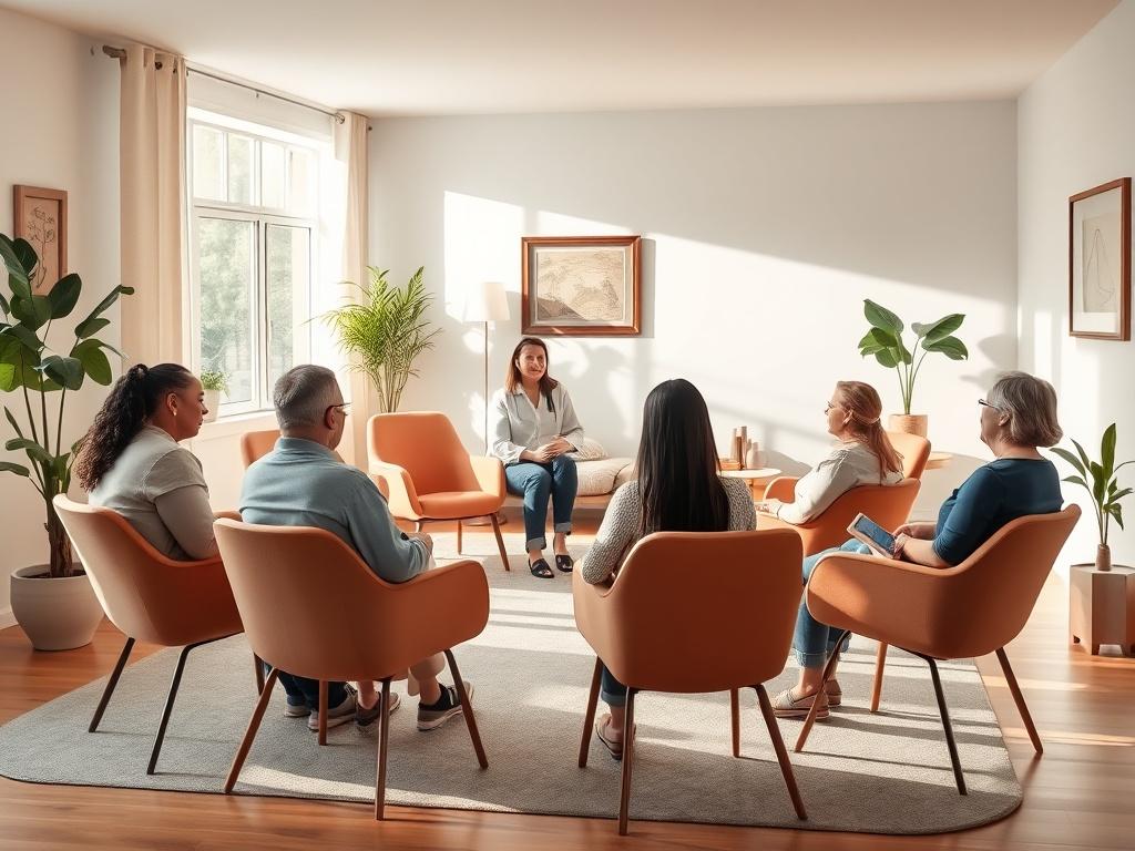A welcoming outpatient therapy room with a circle of chairs