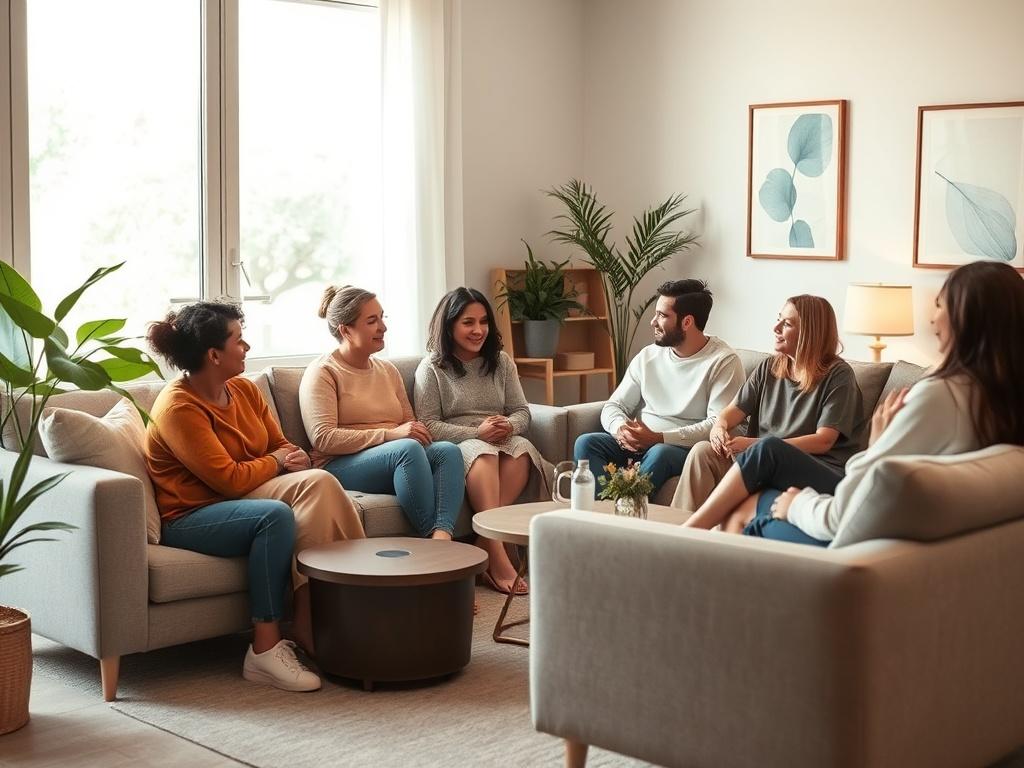 A cozy residential treatment living area, featuring comfortable sofas and