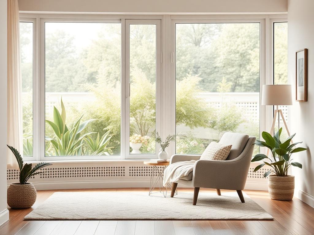 A serene and inviting recovery housing space featuring a cozy living room with soft lighting and gentle tones. The scene includes a single comfortable armchair and a small table with a plant, creating a peaceful atmosphere. In the background, large windows reveal a tranquil garden, emphasizing a sense of safety and community. The overall composition should evoke feelings of warmth, support, and stability, designed to appeal to individuals seeking recovery.