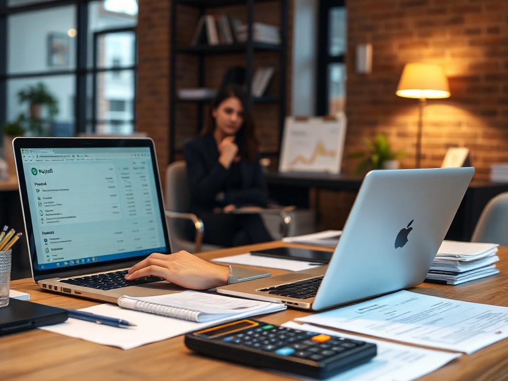 Professional accountant working with payroll software and financial records