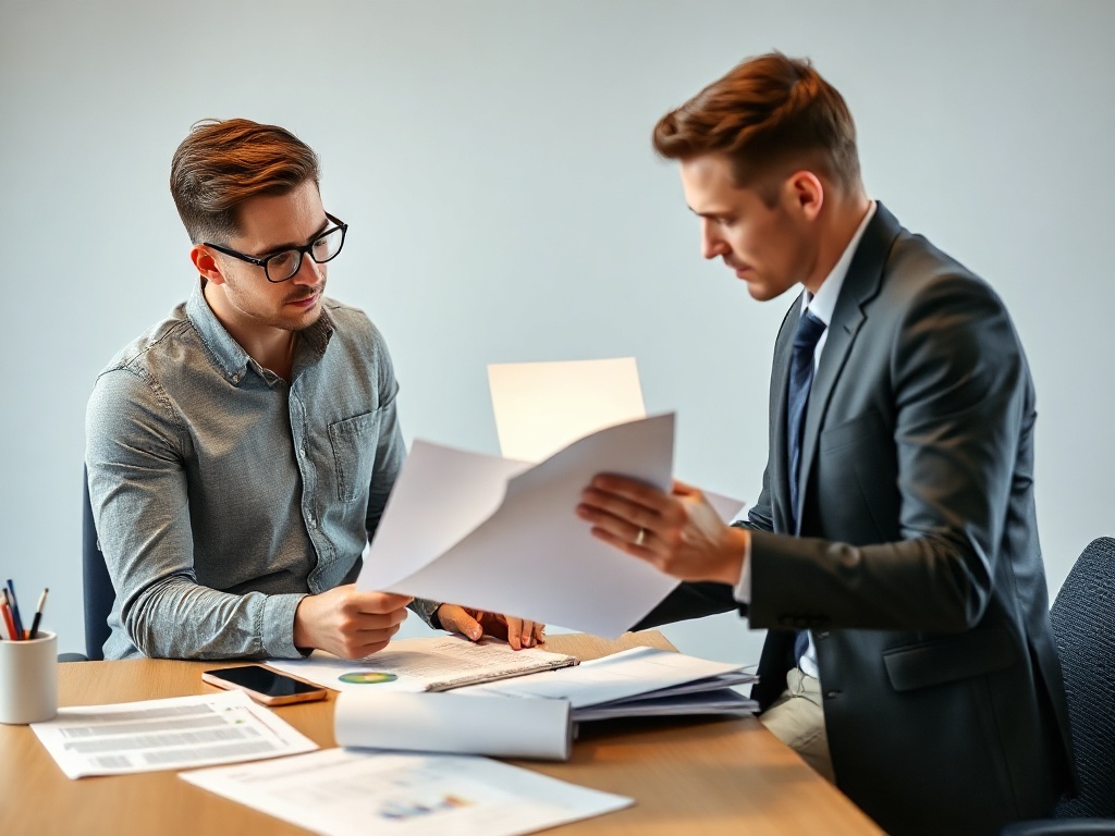 Small business owner reviewing organized bookkeeping records with accountant