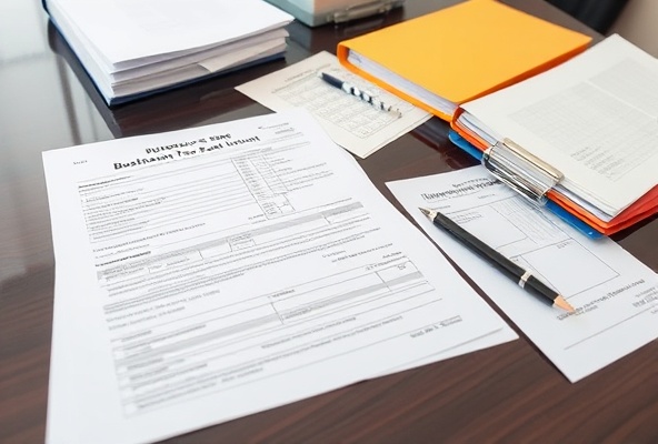 Professional business tax preparation with corporate files and organized documents