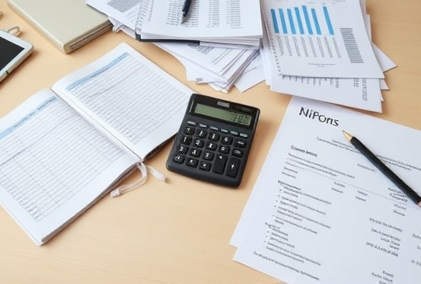 Professional bookkeeping with accounting ledger, calculator and financial records