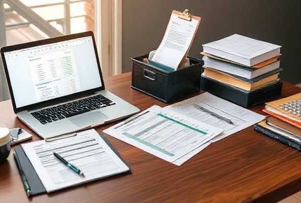 Professional self-employed tax support with 1099 forms and laptop