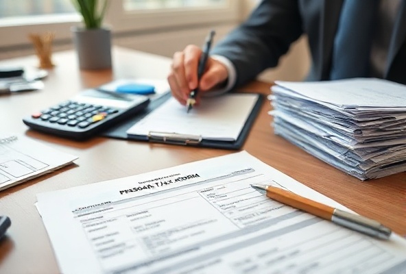 Professional personal tax preparation with tax forms, calculator and organized documents