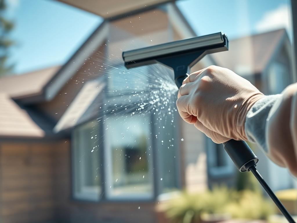 A close-up shot of a professional cleaner washing a residential window, showcasing streak-free clarity. The focus is on the cleaner's hands holding a squeegee, with sparkling clean glass and a blurred residential home background. The image should capture the texture of the window and the shine of the cleaned surface, emphasizing the effectiveness of the cleaning process. The overall tone should be bright and inviting, reflecting a sunny day to enhance the visual appeal. Use hyper-realistic rendering with a 