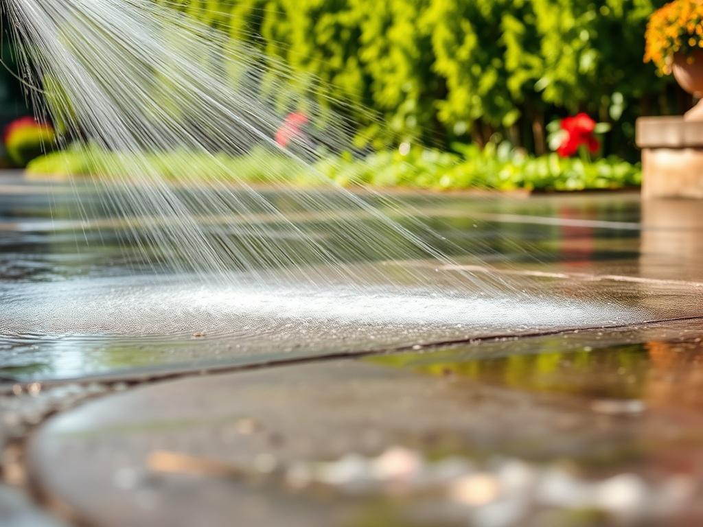 A close-up shot of a driveway being pressure washed, showcasing the powerful water jet removing dirt and stains from the concrete surface. The scene should include vibrant greenery in the background to emphasize the cleanliness of the driveway. The image should be rendered in hyper-realistic style with a focus on the contrasting textures of the clean and dirty sections of the concrete. Shot with a 45mm f/1.2 lens, capturing the details of the water spray and the surface being cleaned.