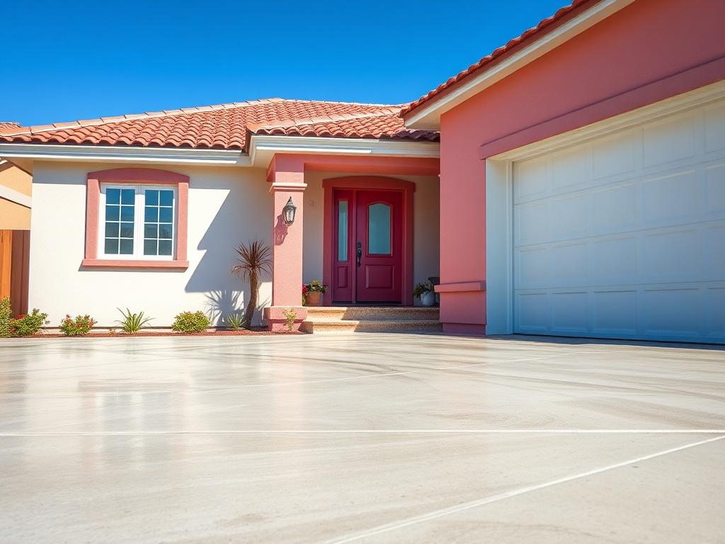 A beautifully pressure-washed house, showcasing vibrant colors and a clean exterior, with clear blue skies in the background. The image should focus on the pristine walls and driveway, highlighting the contrast between clean and dirty surfaces. Shot in hyper-realistic style with a 45mm f/1.2 lens.