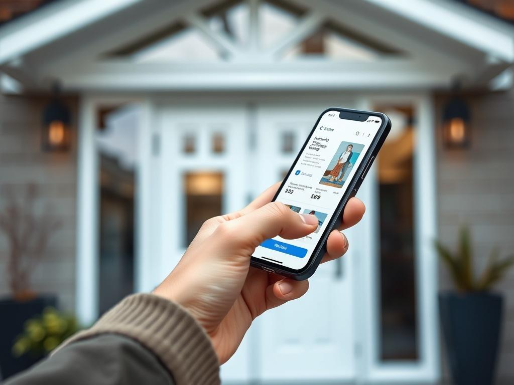 A close-up of a hand using a smartphone to book a cleaning service through a user-friendly app interface. The background should show a clean and inviting exterior, symbolizing convenience and efficiency. Shot in hyper-realistic style with a 45mm f/1.2 lens.