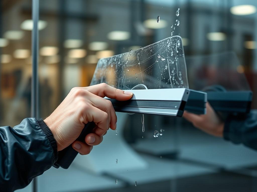 A close-up high-resolution shot of a person cleaning a window with a squeegee, showcasing the gleaming glass and reflections of the surroundings. The background should be blurred to emphasize the clarity of the window.
