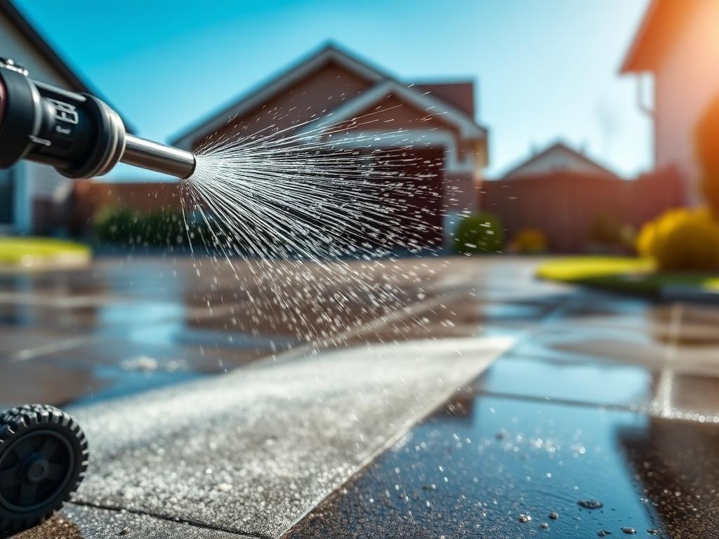 A high-resolution close-up of a pressure washer in action, spraying water onto a dirty driveway, with droplets flying in the air and a clear blue sky in the background. The focus should be on the pressure washer, with vibrant colors showcasing the contrast between the clean and dirty surfaces.