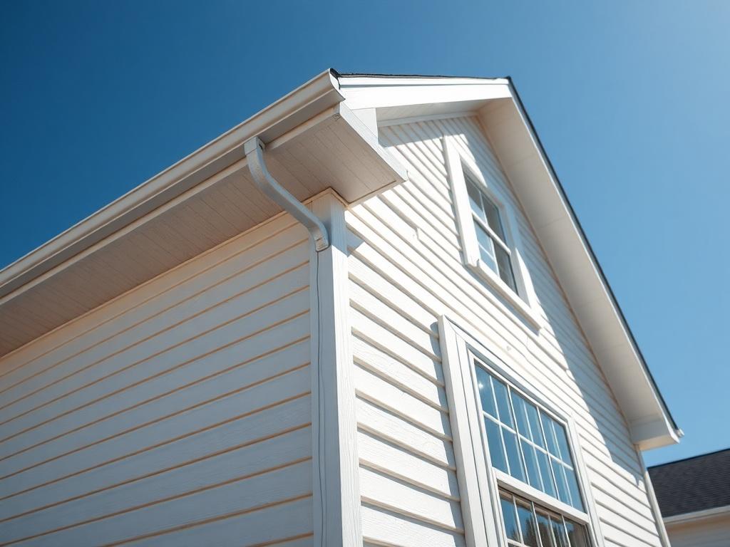 A striking high-resolution image of a beautifully washed house, highlighting clean siding and sparkling windows, set against a bright blue sky. The composition should focus on the house's exterior, showing the vibrant colors and details of the home.