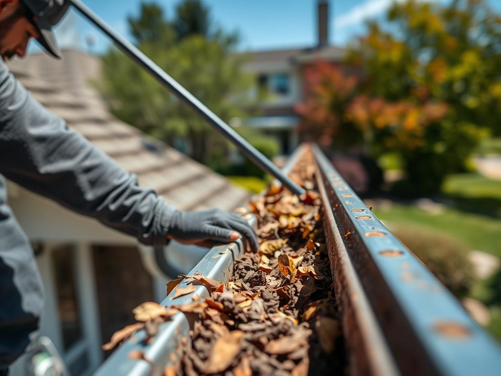 A close-up shot of a professional cleaner on a ladder, cleaning out a residential gutter filled with leaves and debris. The focus is on the cleaner's hands as they remove the clutter, with the gutter being the central subject. The background is a blurred view of a well-kept home and garden, showcasing bright colors of the foliage. The image should convey a sense of cleanliness and professionalism, with vibrant greens and browns of nature contrasting against the clean blue sky.