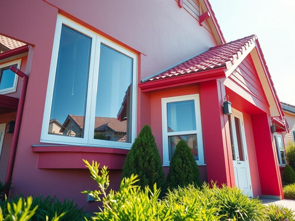 A well-maintained property with a freshly cleaned exterior, showcasing vibrant colors and clear windows, set against a sunny backdrop. The image should highlight the contrast of clean surfaces versus dirty ones, emphasizing the difference that professional cleaning can make. Shot in hyper-realistic style with a 45mm f/1.2 lens.