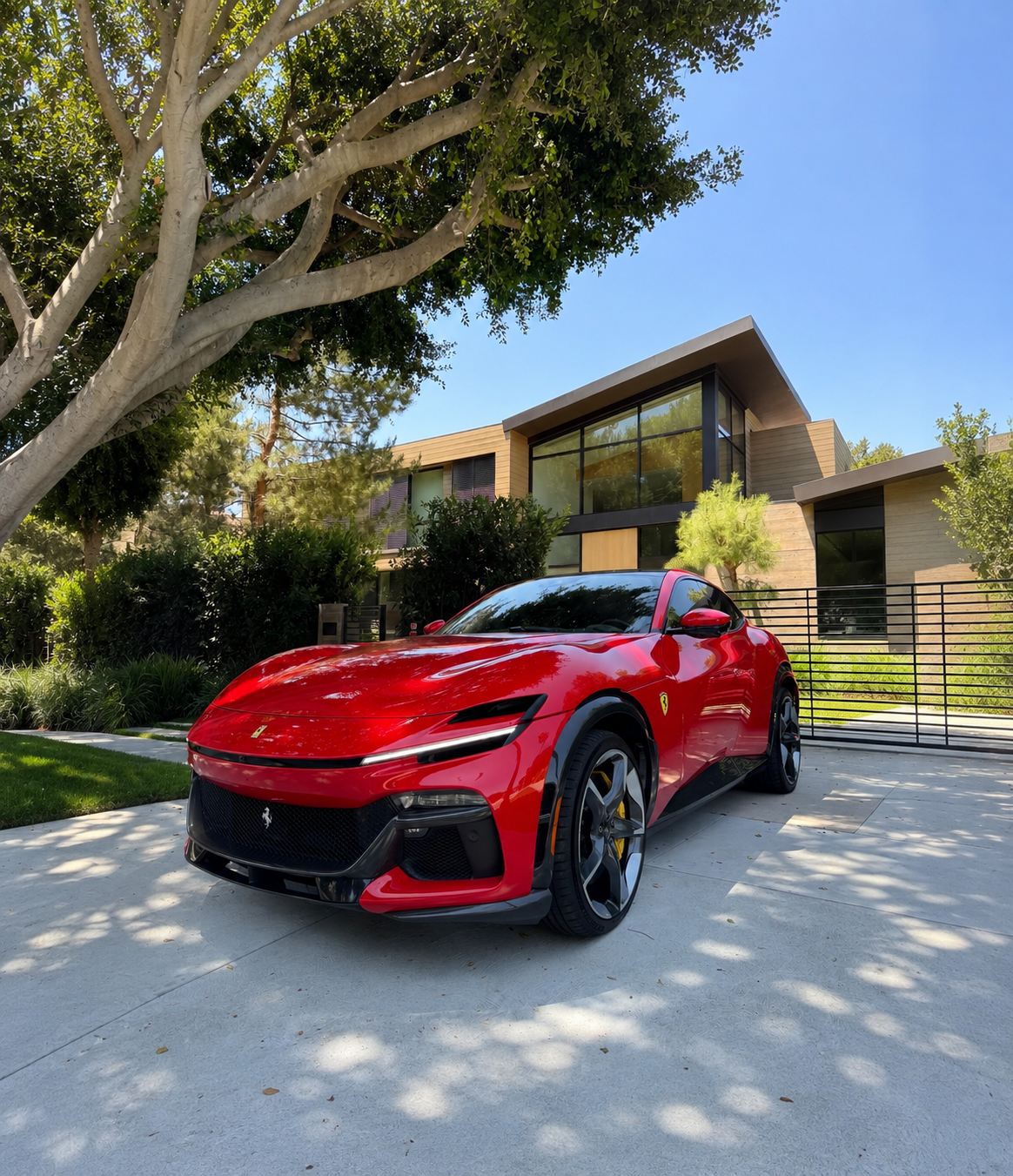 Ferrari Purosangue SUV in Rosso Corsa red, three-quarter front view, parked in front of a modern two-story home with large windows and wood paneling, yellow brake calipers visible