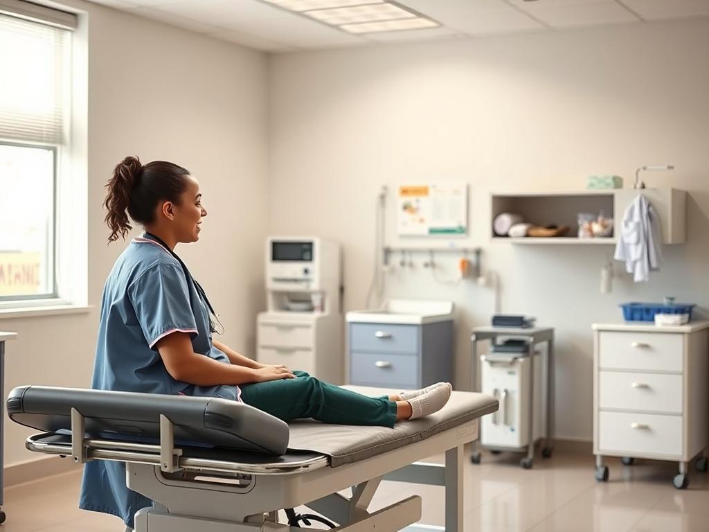 A serene, high-resolution image depicting a well-lit medical room on a school campus, featuring a single trained nurse attending to a student sitting on an examination bed. The nurse is smiling, providing reassurance, while the background shows medical supplies neatly organized. Soft tones and gentle lighting create a peaceful atmosphere, emphasizing a sense of safety and care.