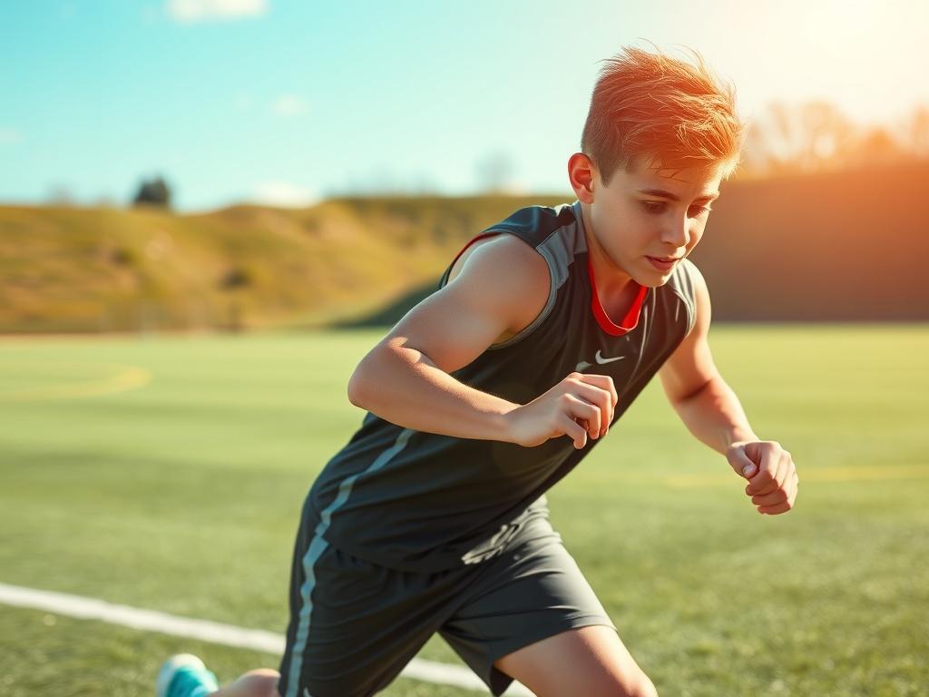 A young athlete practicing on a well-maintained sports field, showcasing determination and focus. The background features green grass and a clear blue sky, creating a peaceful atmosphere. The athlete is wearing a sports uniform, emphasizing motion and energy. The lighting is soft and warm, enhancing the vibrant colors of the scene.