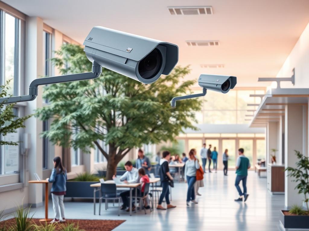 A realistic high-resolution image of a school campus with visible CCTV cameras installed in various locations. The scene should depict a peaceful, well-maintained school environment with students and staff engaging in activities. The lighting should be gentle and soft, creating a serene atmosphere. The focus should be on the security aspect, showcasing the cameras as part of the campus's commitment to safety.