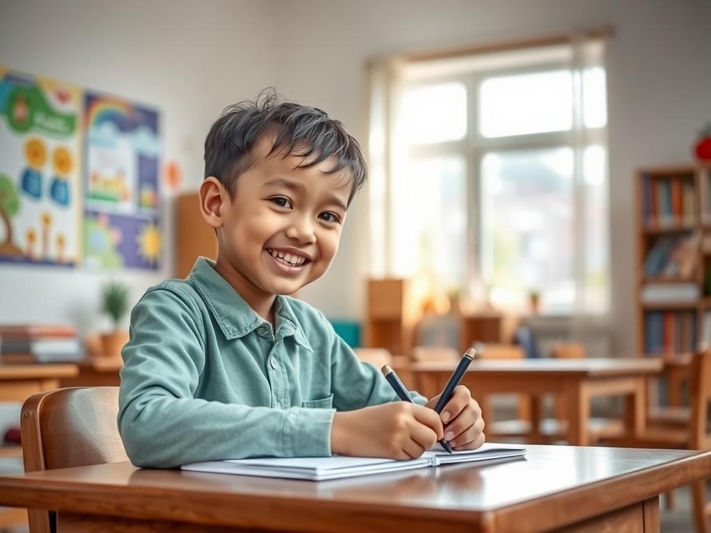 **Prompt for AI Image Generator:**

Create a realistic high-resolution photo that embodies the theme "Nurturing Young Minds." The composition should focus on a single, engaging subject: a young child, around 8 years old, sitting at a wooden desk in a bright, inviting classroom. The child should be depicted actively engaged in a creative learning activity, such as drawing or writing in a notebook, with a joyful expression that conveys curiosity and excitement. 

In the background, softly blurred, include ele