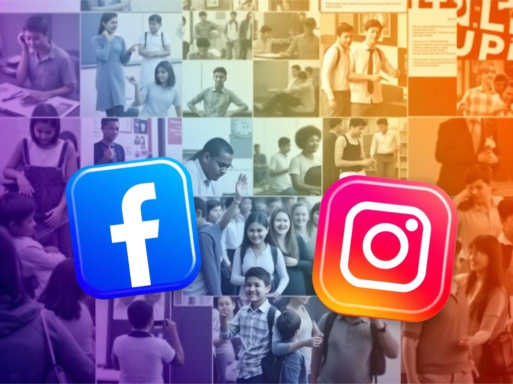 A vibrant collage of social media icons, showcasing Facebook and Instagram logos amidst images of students engaged in various school activities, such as learning, playing, and participating in events. The background should be colorful and lively, reflecting the dynamic nature of social media.
