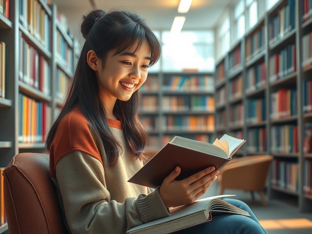 A serene library environment with soft lighting, showcasing bookshelves filled with colorful books and a comfortable reading area. A student happily looks through a book, surrounded by a peaceful atmosphere. The overall tone is calming and inviting, with gentle colors and a warm ambiance.