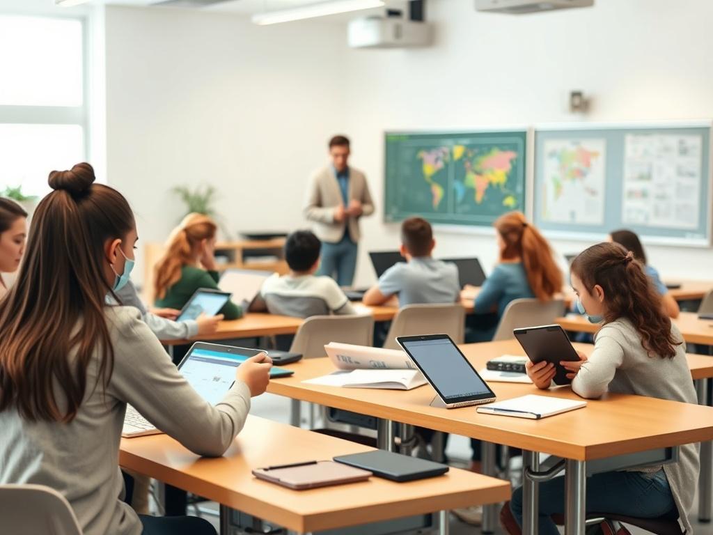 A modern classroom setting with students using tablets, laptops, and other digital devices for learning. The atmosphere is bright and engaging, with a teacher facilitating discussions in the background. The overall scene conveys a sense of innovation and excitement in education.