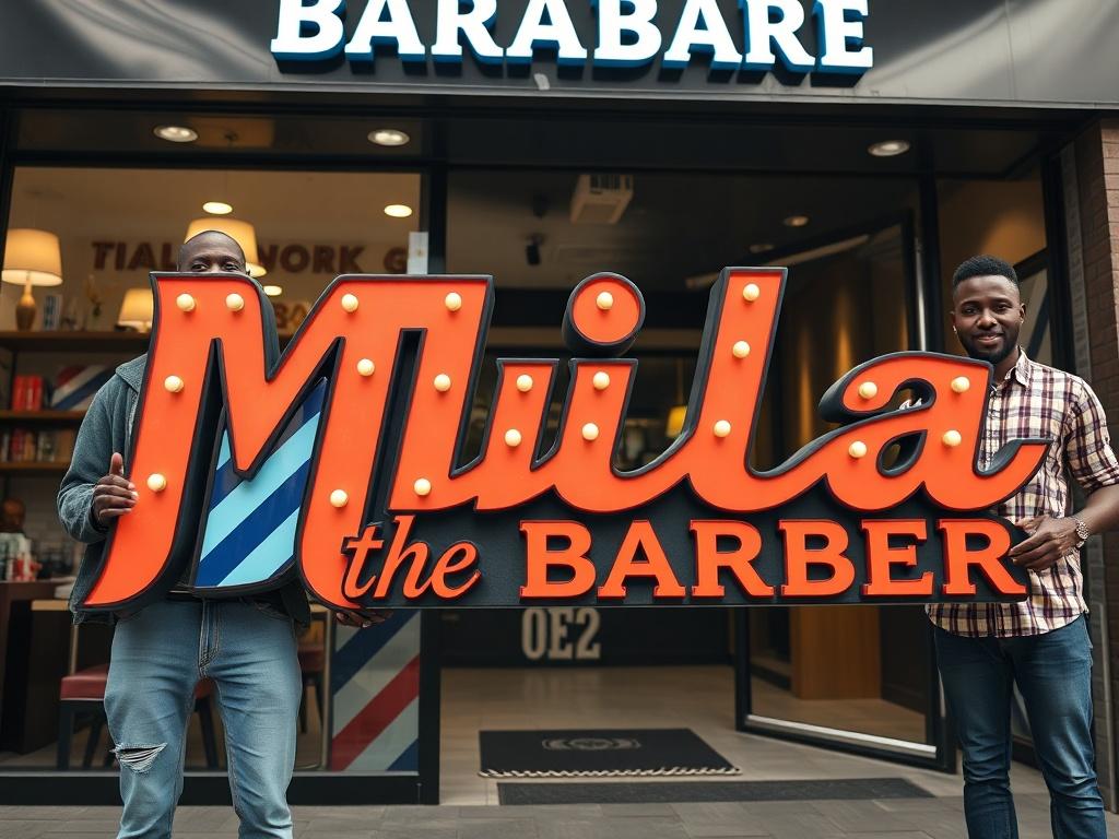 A close-up shot of a vibrant barbershop scene featuring a group of black African individuals standing proudly in front of a stylish barbershop. They hold large, colorful signage that reads 'Mila the Barber' prominently. The background showcases the inviting exterior of the barbershop, with modern decor and an open door, inviting customers in. The composition captures the friendly atmosphere of the shop, with bright lighting and a sense of community.