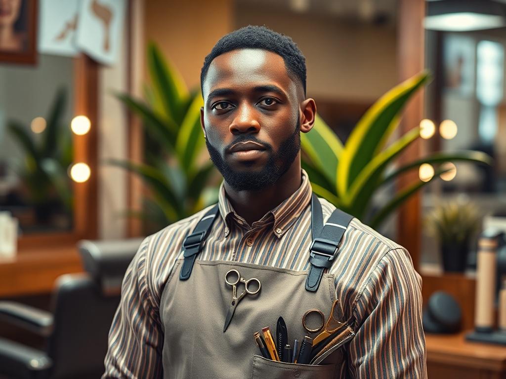 A black African man standing confidently in a well-lit barber shop. He is wearing a stylish barber apron, with tools like scissors and clippers hanging from his belt. The background features a sleek barber chair and a mirror reflecting the warm, inviting atmosphere of the shop. The focus is on the barber, showcasing his expertise and passion for hair styling, with vibrant green plants subtly placed in the background, enhancing the welcoming vibe.