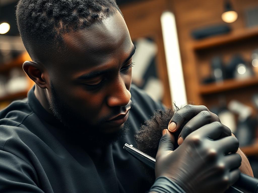 A close-up shot of a skilled black African barber in a modern barbershop setting. The barber is focused on grooming a client's hair, showcasing precision and artistry. The background features stylish barber tools and a warm, inviting atmosphere. The lighting highlights the barber's concentration and expertise, with rich textures in the hair and equipment. The composition is simple and clear, emphasizing the barber as the central subject.