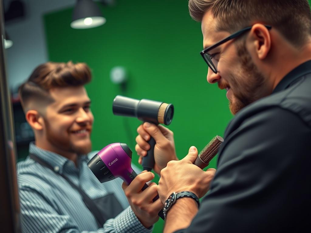 A close up shot of a barber styling a man's