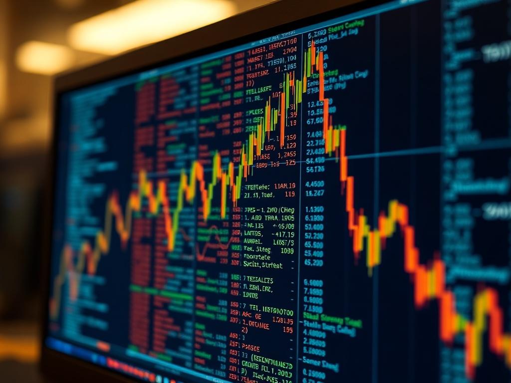 A hyper-realistic close-up shot of a computer screen displaying complex algorithmic trading code, with a financial graph overlay. The background is softly blurred, emphasizing the screen's intricate details, showcasing a high-tech environment. The lighting is focused and warm, highlighting the codes and numbers on the screen, creating a sense of innovation and technology without any human presence.