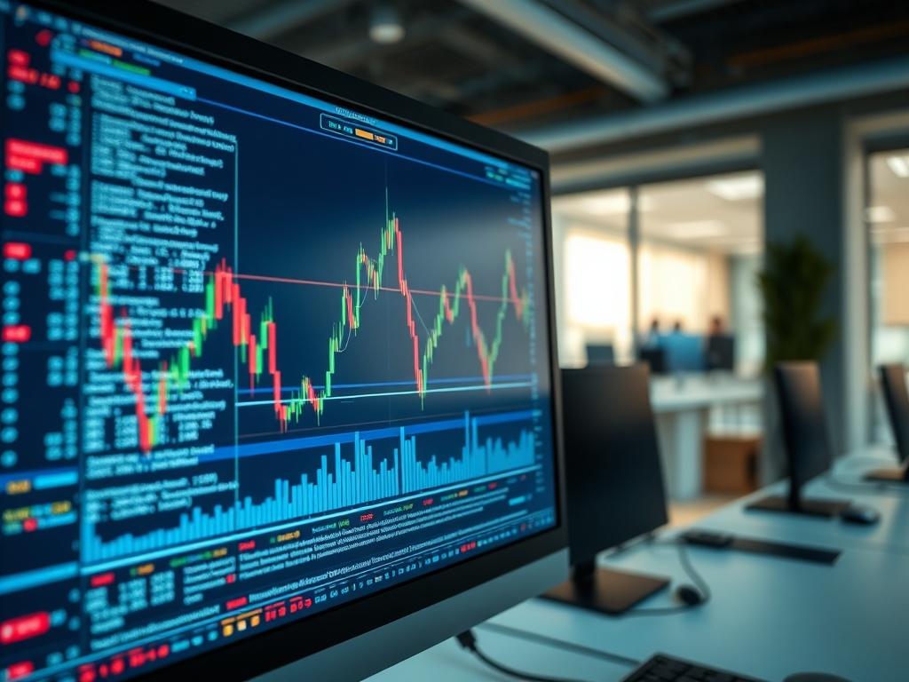 A hyper-realistic close-up shot of a computer screen displaying complex algorithmic trading code and data visualizations. The background is a modern office environment with soft, ambient lighting. The focus is on the screen, showcasing intricate graphs and code lines, emphasizing a high-tech atmosphere without any human presence.