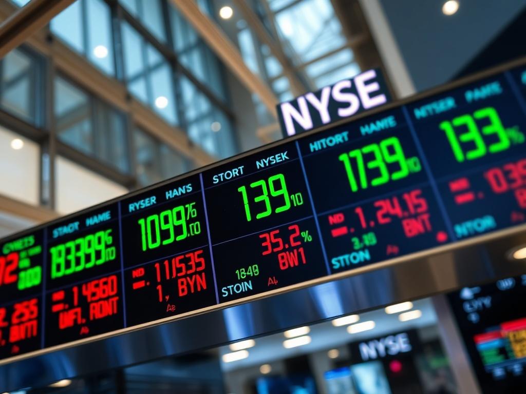 A hyper-realistic close-up shot of a stock market ticker displaying NYSE stock prices. The image should focus on the ticker with vibrant green and red numbers indicating gains and losses, set against a sleek, modern trading environment. The background should be slightly blurred to emphasize the ticker, capturing the essence of a bustling trading floor. The lighting should be bright and engaging, reflecting the energetic atmosphere of a financial market.