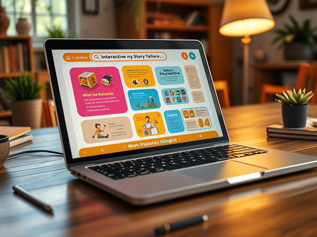 A close-up shot of an open laptop displaying interactive storytelling software, with colorful character designs and narrative structures on the screen. The background features a cozy workspace, enhancing the creative atmosphere.