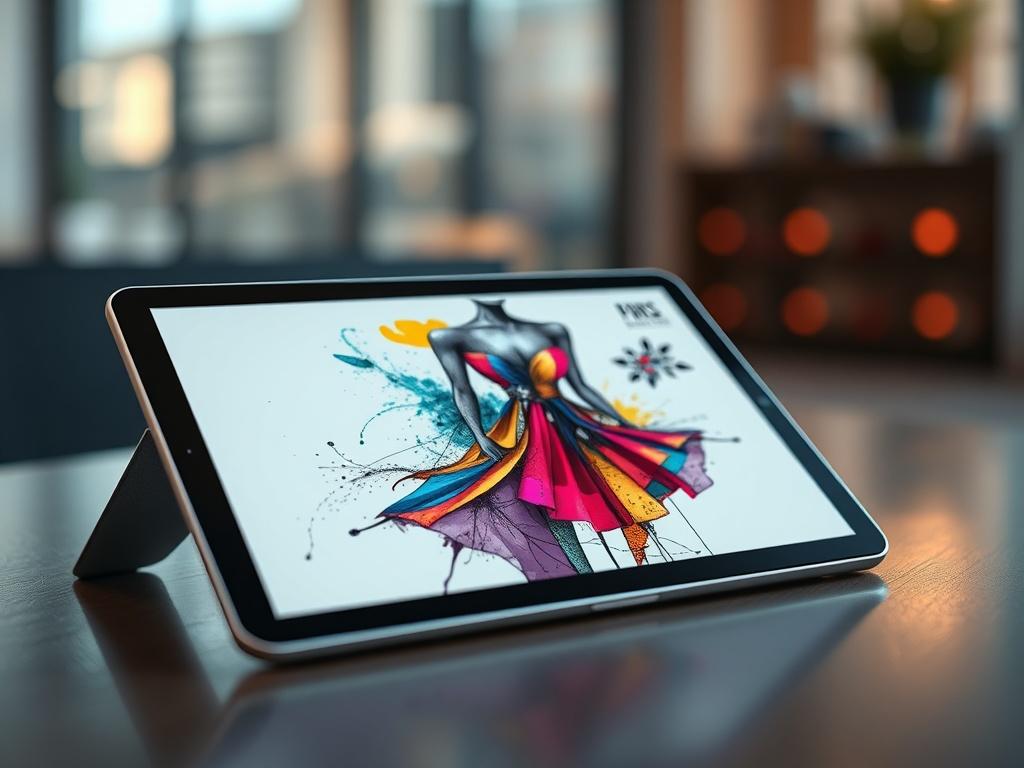 A close-up shot of a digital artwork displayed on a sleek tablet, featuring an abstract fashion design with vibrant colors and intricate details. The background is softly blurred, emphasizing the art piece and creating a modern, stylish ambiance.