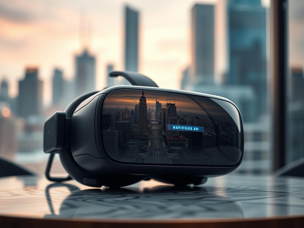 A close-up shot of a virtual reality headset on a stylish table, with a futuristic urban landscape visible through the headset's lenses. The background is a blurred cityscape, creating a contrast between the real and virtual worlds, captured in hyper-realistic detail.