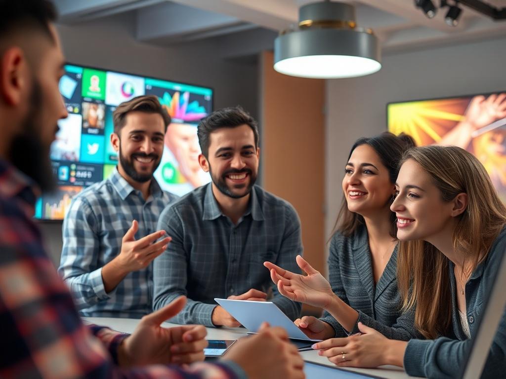 A hyper-realistic close-up shot showcasing a creative team in a modern studio environment, brainstorming and discussing ideas for new multimedia content. The scene should depict a diverse group of individuals engaged in animated conversation, surrounded by digital screens displaying vibrant visuals and concepts. The background should be softly blurred to emphasize the team's collaboration, with a focus on their expressions of excitement and creativity. The color scheme should incorporate the RGB color (2, 8