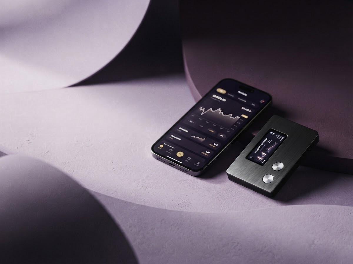 A sleek hardware wallet and smartphone arranged on a sculptural lavender studio set