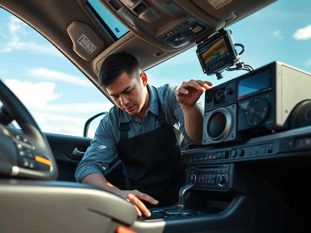 A professional technician installing high quality car audio equipment in