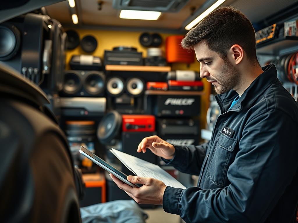 A close-up shot of a car audio technician providing advice to a customer in a bright, inviting mobile shop environment. The technician is showing a wiring diagram on a tablet, with various car audio components like speakers, subwoofers, and amplifiers neatly displayed in the background. The scene is well-lit, highlighting the technician's expertise and the modern tools of the trade. The color scheme follows the rgb(245, 77, 77) primary color.