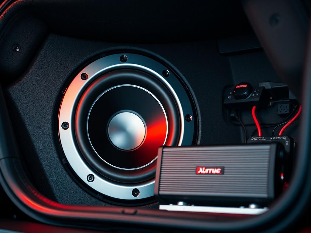 A high-resolution close-up of a car audio system installation, showcasing a sleek subwoofer and amplifier. The image should capture the intricate details of the installation with a focus on the equipment, emphasizing a professional setup in a vehicle. The background should be softly blurred to highlight the audio system, using a color palette that complements the rgb(245, 77, 77) primary color.