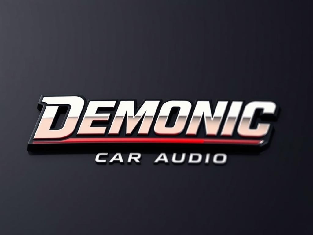 A high-resolution close-up image of the Demonic Car Audio logo. The logo should be prominently displayed against a clean, simple background that highlights its design. The image should have a hyper-realistic style with vibrant colors, focusing on the details of the logo, such as the typography and any graphical elements. The logo should be the only subject in the image, shot with a 45mm f/1.2 lens style.