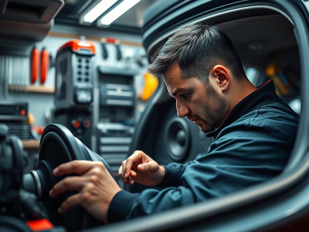 A hyper-realistic close-up shot of a mobile car audio installation setup. The image should feature a technician working on a car, installing a subwoofer and speakers. The background should depict a well-organized mobile shop environment with tools and equipment neatly arranged. The technician should be focused on the installation process, showcasing professionalism and expertise. The lighting should be bright, highlighting the details of the installation work, shot with a 45mm f/1.2 lens style.