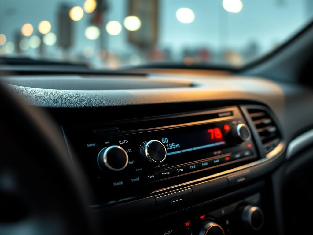 A high-resolution close-up of a car dashboard featuring an aftermarket stereo system. The image should show the stereo interface with an equalizer and tuning options visible. The background should be blurred to emphasize the stereo controls, creating a dynamic and engaging look. The lighting should enhance the sleek design of the stereo, making it visually appealing. The image should convey a sense of high-quality sound and professional installation, shot with a 45mm f/1.2 lens style.