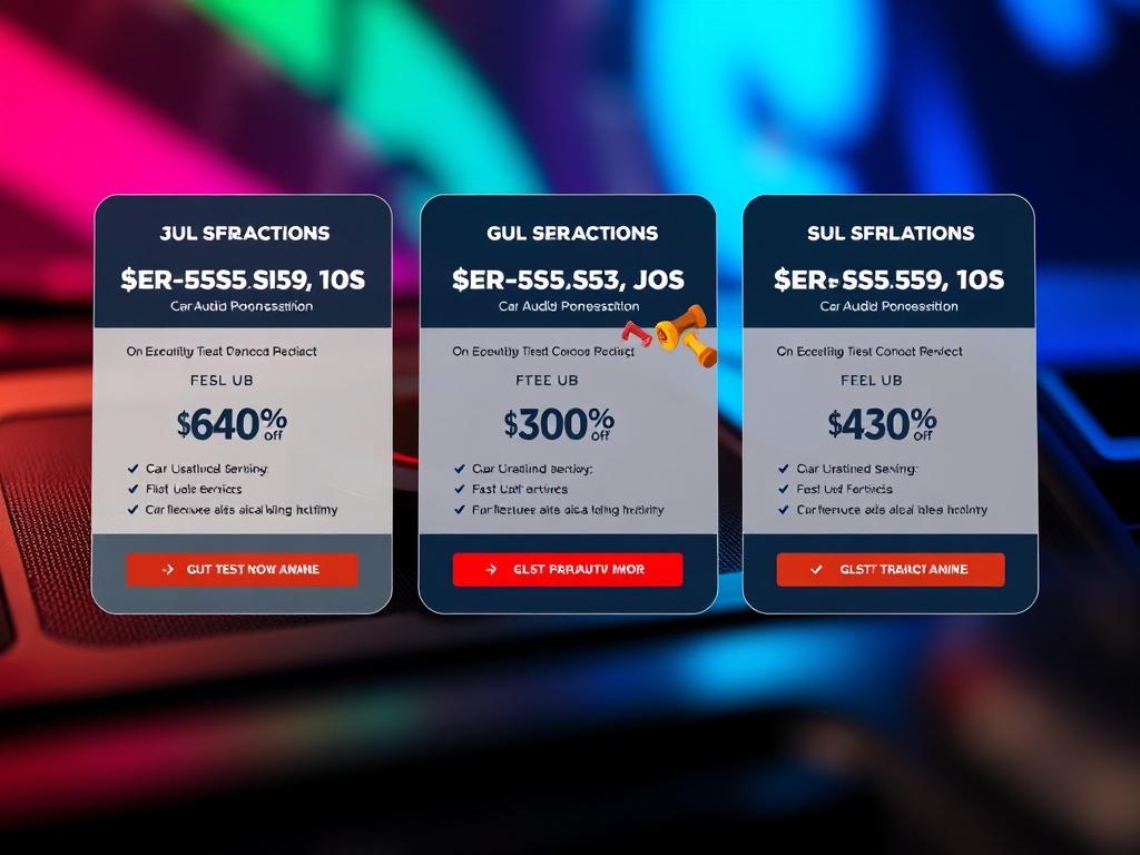 A high-resolution image showcasing a visually appealing layout of different subscription packages for car audio services. Each package should be represented with distinct graphics and pricing, highlighting the discounts offered. The background should be vibrant and engaging to draw attention to the various options available.